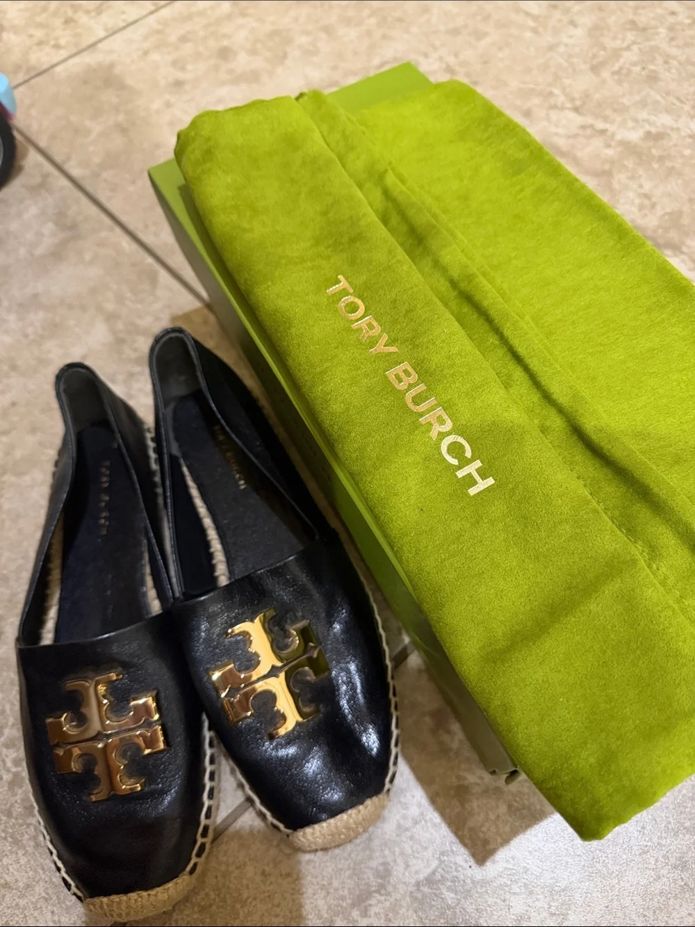 Tory Burch Black Leather Espadrille Flats with Gold Logo Medallions